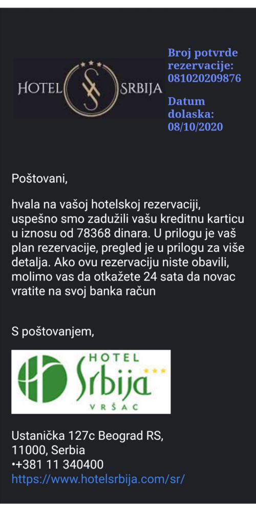 Hotel Srbija phishing 2/2